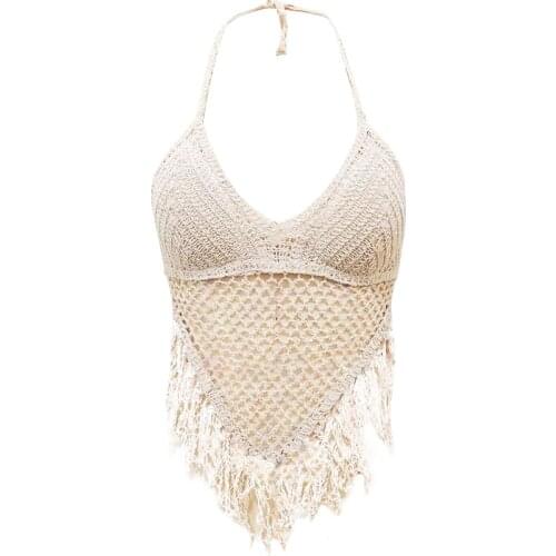 2021 New Womans Beach Sling Camisole Swimwear, Sexy V-neck Halter Backless Hollowed-out Tassel Slim Waistcoat