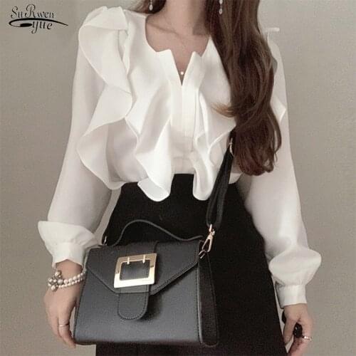 Spring New White Long Sleeve Shirt Blouse Elegant Ruffles Women Tops Clothing V-neck Solid Blusas Mujer De Moda Verano 13342