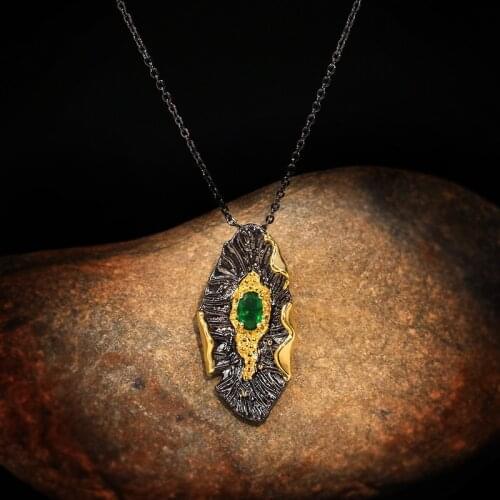 CIZEVA Vintage Emerald Two Tone Black Gold Pendant Necklace for Women Noble 925 Sterling Silver Sweater Chains Chokers