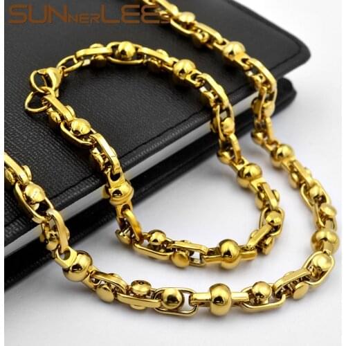 316L Stainless Steel Necklace Bracelet Set 7mm Geometric Beads Link Chain High Polished Gold Color Men Women Gift SC191