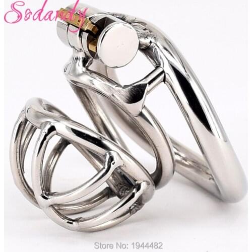 SODANDY 2018 Male Chastity Devices Stainless Steel Mens Smaller Cock Cage Metal Penis Restraints Locking Cock Ring BDSM Bondage