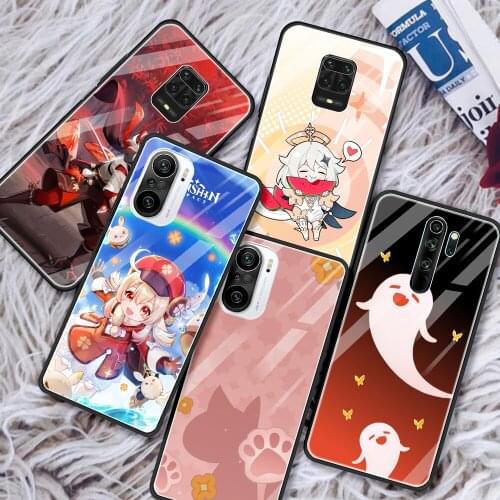 Luxury Glass Case For Xiaomi Redmi Note 10 9 8 Pro 9S 10S 8T 7 K40 9A 9C 9T K20 10Pro Tempered Phone Cover Genshin Impact Fundas