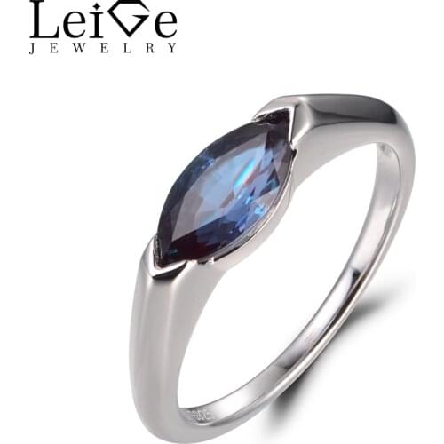 LeiGe Jewelry Unique Promise Rings Alexandrite Rings June Birthstone Rings Marquise Cut Gemstone 925 Sterling Silver Simple Ring
