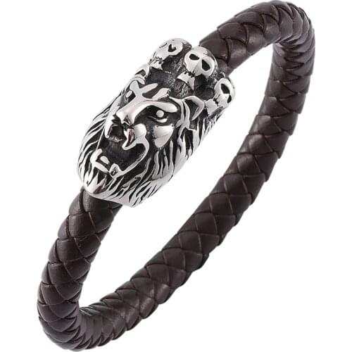 Brown Braided Leather Domineering Lion Bracelet Men Jewelry Punk Stainless Steel Magnetic Clasp Wristband Trendy Bracelet SP0145
