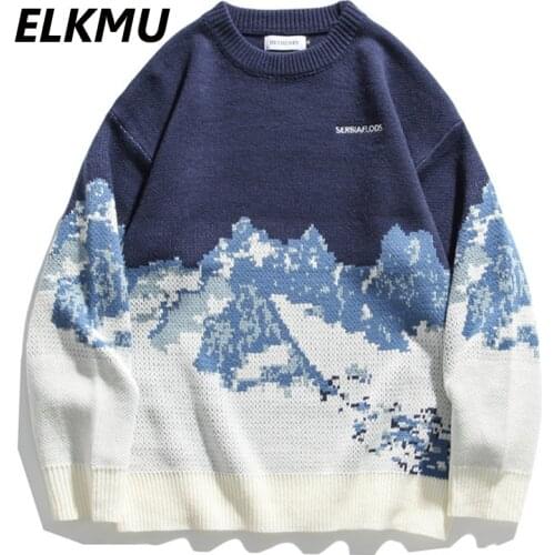 ELKMU Snow Mountain Knitted Jumper Sweaters Streetwear Men Women Harajuku Pullover Knitwear Tops Fashion Knit Outwear Male HE323