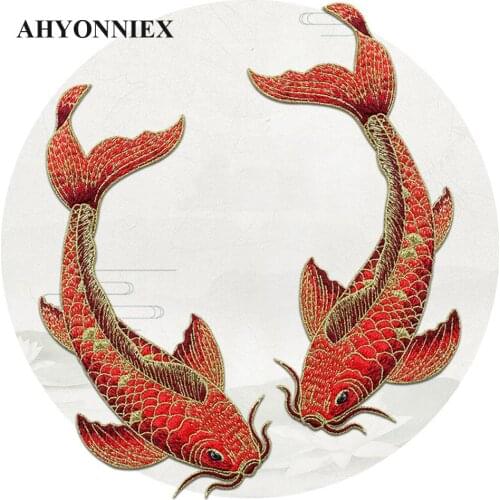 AHYONNIEX Blue Red Pink Fish Embroidered Patches Sewing Stickers for Clothing Applique Diy Accessories Soft Sew On Patches