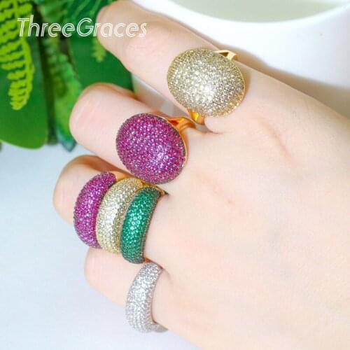 ThreeGraces Adjustable Size Micro Pave CZ Crystal Round Oval Shape 585 Gold Fashion Ladies Engagement Party Finger Rings RG136