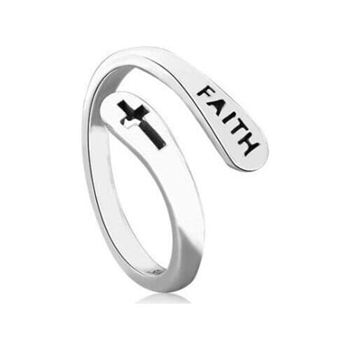 Women Vintage Cross Shape Open Rings Silver Color Faith Letters Round Adjustable Finger Ring Jewelry Anillos Mujer