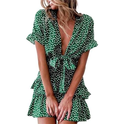 Women Boho Polka Dot V-Neck Short Sleeve Mini Dress Holiday Beach Party Sundress