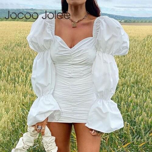 Jocoo Jolee Women Elegant Long Sleeve Off Shoulder Pleated Bodycon Dress Chic V Neck White Mini Dress Casual Short Dress 2021