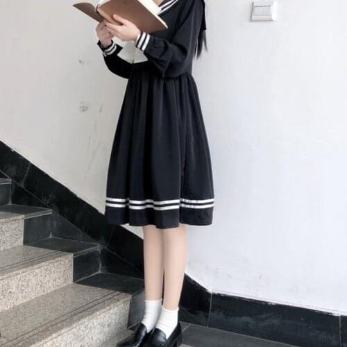 2020 Japanese College Style Cute Lolita Women Dress Kawaii Bow Sweet Sailor Collar Full Sleeve Vintage High Waist Student Dress