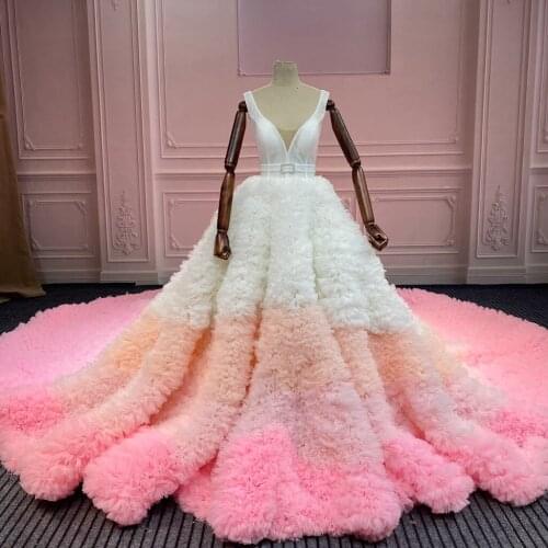 Marnham Pink Wedding Dress Bridal Gown For Woman Hand Made Royal V Neck Long Train Sleeveless Vestido De Noiva Robe Mariee