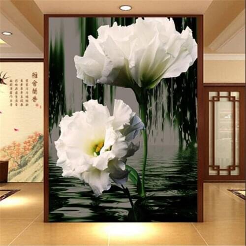 Beibehang 3D Stereo Romantic White Flower Water Reflection Invert Passway 3D Wallpaper Living TV Background Mural wallpaper