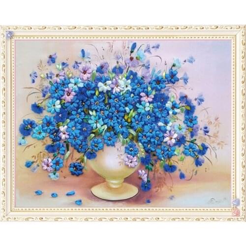45*60CM 3D blue flower vase Ribbon embroidery kit handcraft kit DIY handmade needlework hand sewing art wall home decor