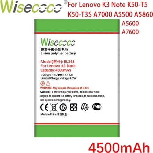 WISECOCO 4500mAh BL243 Battery For Lenovo K3 Note K50-T5 K50-T3S A7000 A5500 A5860 A5600 A7600 Smart Phone Battery+Tracking Code