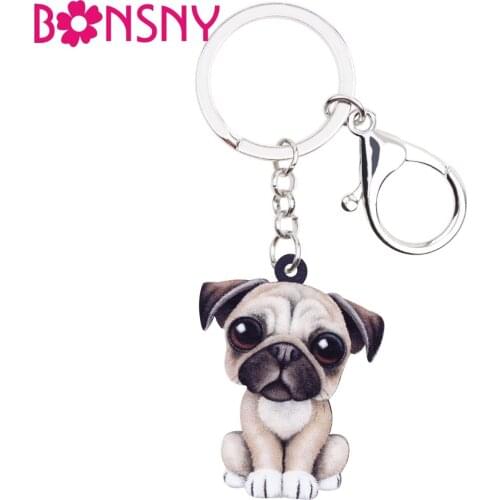 Bonsny Acrylic Cartoon Lovely French Bulldog Pug Dog Key Chains Keyrings Jewelry For Women Girl Ladies Handbag Charms Kids Gift