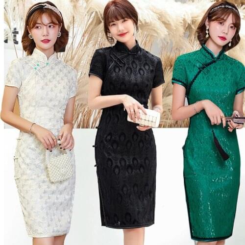Cheongsam Chinese Traditional Women Clothing New Solid Color Sexy Short Dresses Vintage Elegant Style Slim Evening Party Clothes