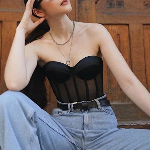 Women Sexy Mesh Patchwork Bustier Corset Strapless Lace-Up Waist Cincher Tops