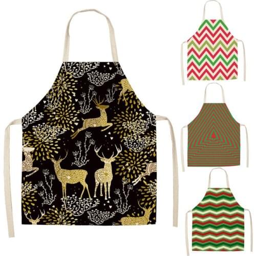 Wave Stripe Christmas Cotton Linen Apron Kitchen Women Baking Santa Claus Waist Bib Brief Sleeveless Pinafore