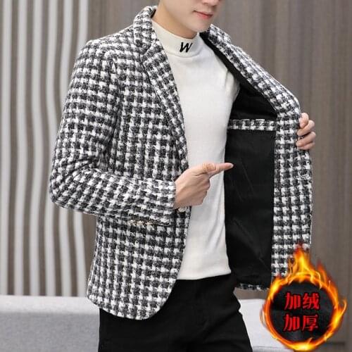 European station plaid suit plus velvet thick mens woolen coat Korean style trend autumn and winter British casual small suit