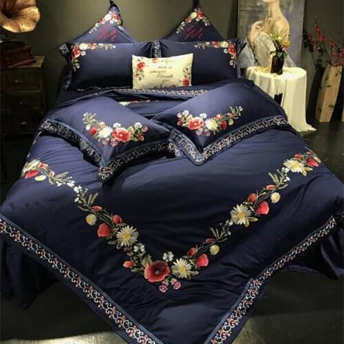 Flower Nice Embroidery Dark blue Royal Bedding set King Queen Egyptian Cotton Bed set Duvet cover bed sheet Pillowcases 4/6pcs