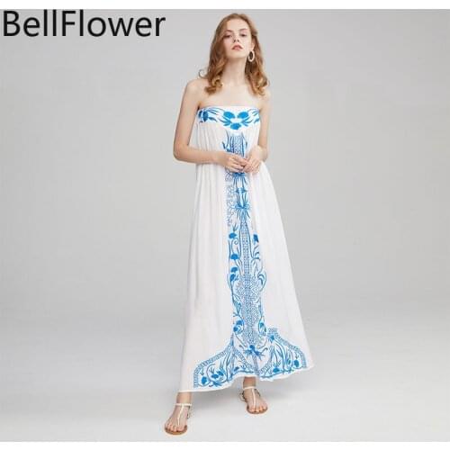Summer Bohemian Embroidered Maxi Dresses for Women 2021 Free Shipping Strapless Backless Sexy Dress People White Long Dress