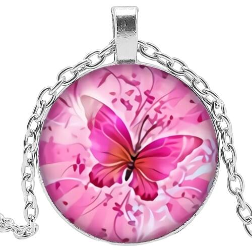 HOT! 2019 New Creative Cartoon Pink Butterfly Glass Convex Round Pendant Fashion Charm Girl Jewelry Necklace When Fittings