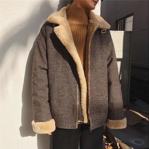 M-xl Autumn And Winter Lamb Hair Coat Mens Lapel Winter Jackets Thickening New Plaid Short Coat Trend Fur Collar Cotton Jacket