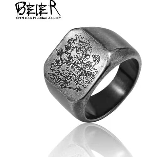 Beier Polished Stainless Steel ring Band Biker Mens ring a coat of arms of the Russian Signet Ring Fashion Jewelry LLBR8-353R