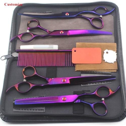 Customize 5 kit Japan steel 7 '' purple Pet dog grooming hair scissors thinning shears cutting barber set hairdressing scissors