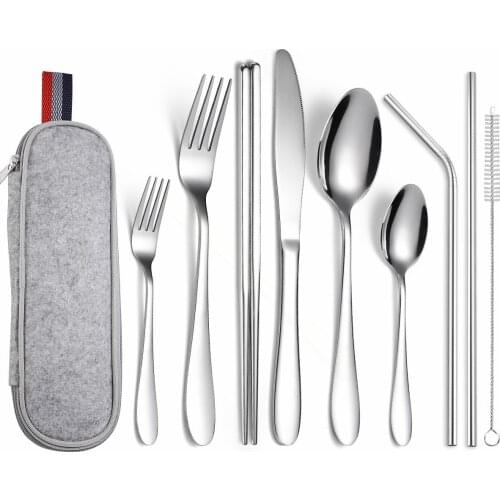 Metal Tableware Portable Cutlery Set Chopsticks Gold Dinner Set Stainless Steel Travel Cutlery Set Spoon Fork Knife Straw 9 Pcs
