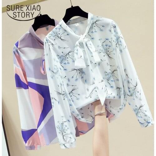Spring and Autumn New Women Shirt Korean-Style Long Sleeve Lace-up Shirt Elegant Bow Printed Chiffon Shirt Casual Shirt 11172