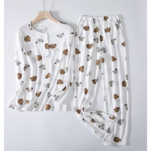 New spring and autumn bear pajamas, ladies autumn and winter round neck cotton long-sleeved home service suit