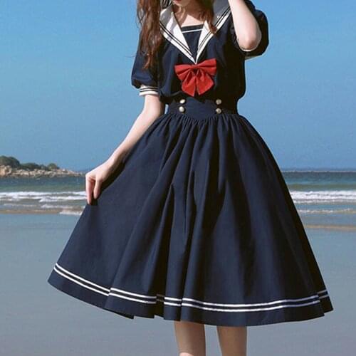 Harajuku Sailor Collar Navy Dress Sweet Bow-knot Girl Retro Cotton Kawaii Preppy Style Short Sleeve Dress Women