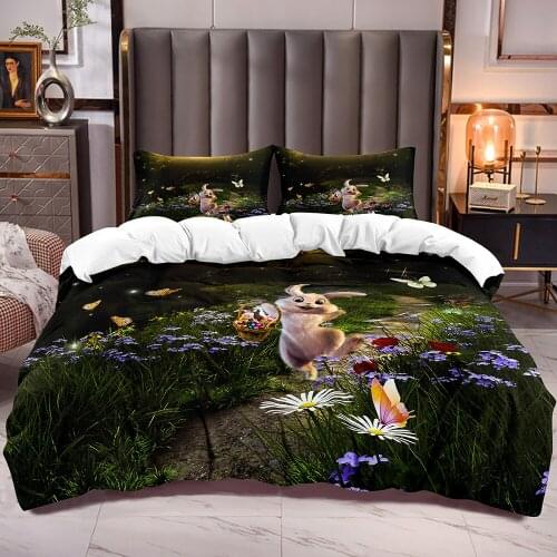 Happy Rabbit Print Kids Duvet Cover with Cartoon Forest World Rabbit Butterfly Flowers Pattern Comforter Cover for Boys Girls