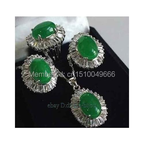 Sale FREE SHIP>>>>>Hot sell! green STONE crystal ladys earrings pendant necklace ring set size:8