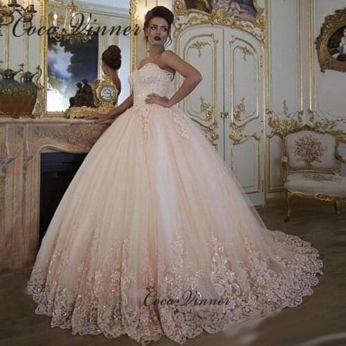 French Style Romantic Wedding Dress 2021 Ball Gown Pink Color Custom Made Lace Appliques Bride Dress For Women W0348