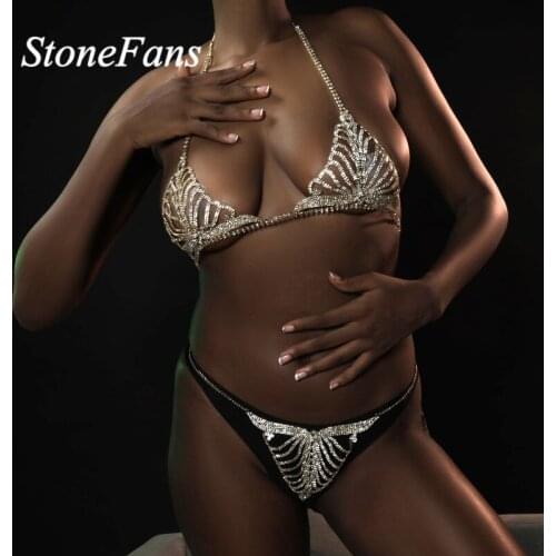 Stonefans Sexy Chain Body Jewelry Rhinestone Underwear Set for Women Bikini Chain Rhinestone Bra and Panties Underwear Golded