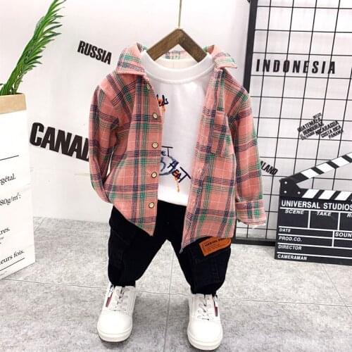 Spring Autumn Baby Casual Tracksuit Children Boy Girl Cotton Plaid shirts, T-shirts and jeans 3Pcs/Sets Kids Leisure Sport Suit
