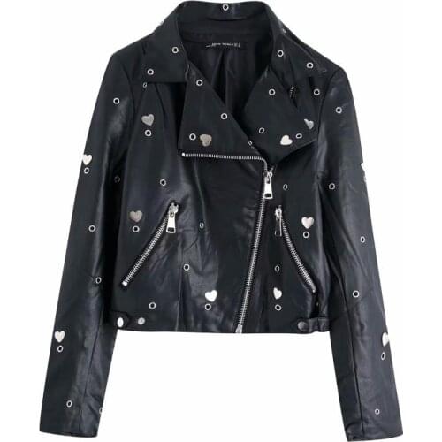 Spring Stylish Chic Sequined Embroidery PU Leather Jacket Fashion Heart Ring Design Motorcycle Women Coats Casual Cool Outerwear
