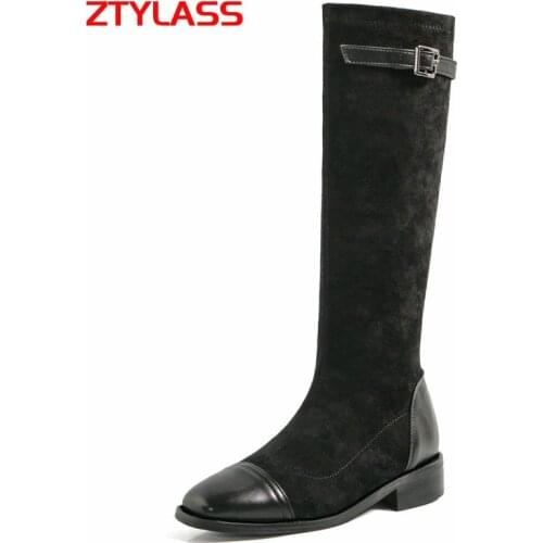 Flat Women Boots Faux Suede Square Toe Motorcycle Boots Fashion Buckle Low Heel Winter Shoes Woman Black Brown