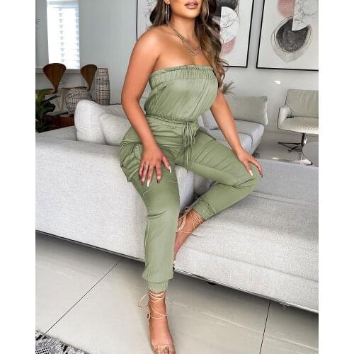 Spring Autumn Off Shoulder Jumpsuits Women 2021 Casual Trouser Legs Romper Office Lady Pocket Rompers Green Ladies Jumpsuits