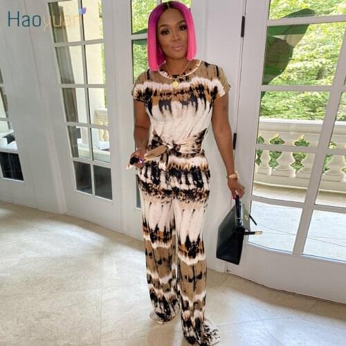 HAOYUAN Tie Dye 2 Piece Wide Leg Pants Suit Short Sleeve Crop Top Tracksuit Clothes for Women Sexy Birthday Outfits Matching Set