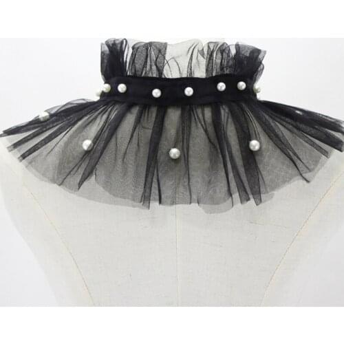 Women Pearl Beading Ruffled Mesh Fake Collar Vintage Detachable Shawl Choker Q1QA