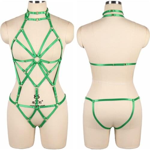 Green Harness Bra Belts Full Body Top Punk Goth Suspender Elastic Garter Belt Bodysuit Women Hollow Out Lingerie Adjust Dance