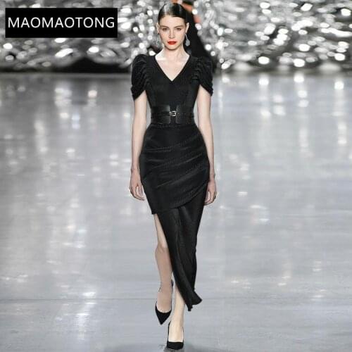 Summer Fashion Runway Designer Dress Womens V-neck Short sleeve Sashes Elasticity Slim Asymmetrical Midi Dress