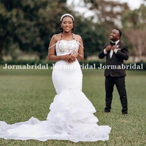 White Organza Tiered Mermaid Wedding Dress With Beads Appliques Spaghetti Straps Bridal Dresses Formal Gowns Vestidos De Novia