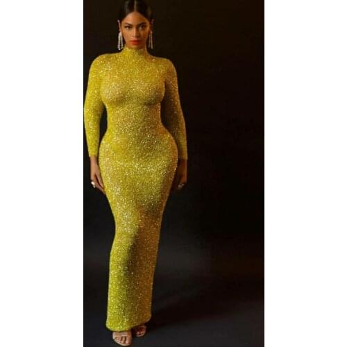 Women Long Sleeve O-Neck Sequin Yellow Prom Dresses Mermaid Robe De Soiree Floor Length Formal Party Dresses