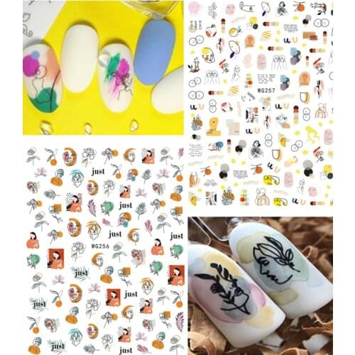 10PCS Art Graffiti Abstract Human Face Colorful Nail Sticker Leaf Nail Slider Nail Decoration Beauty