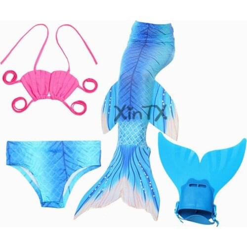 4PCS/Set Girls Swimsuit Mermaid Tail Costume Fancy Diamonds Mermaid Tail With Monofin Flippers for Girls Swimming Dress for Kids